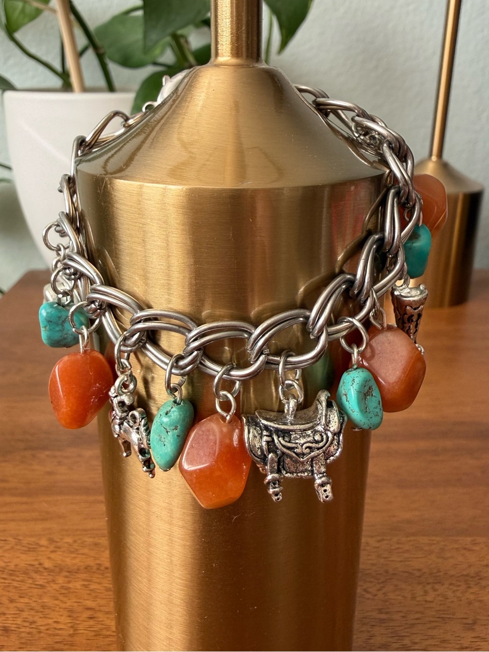 Vintage Turquoise & Orange Carnelian Charm Bracelet Western Horse Boot Saddle